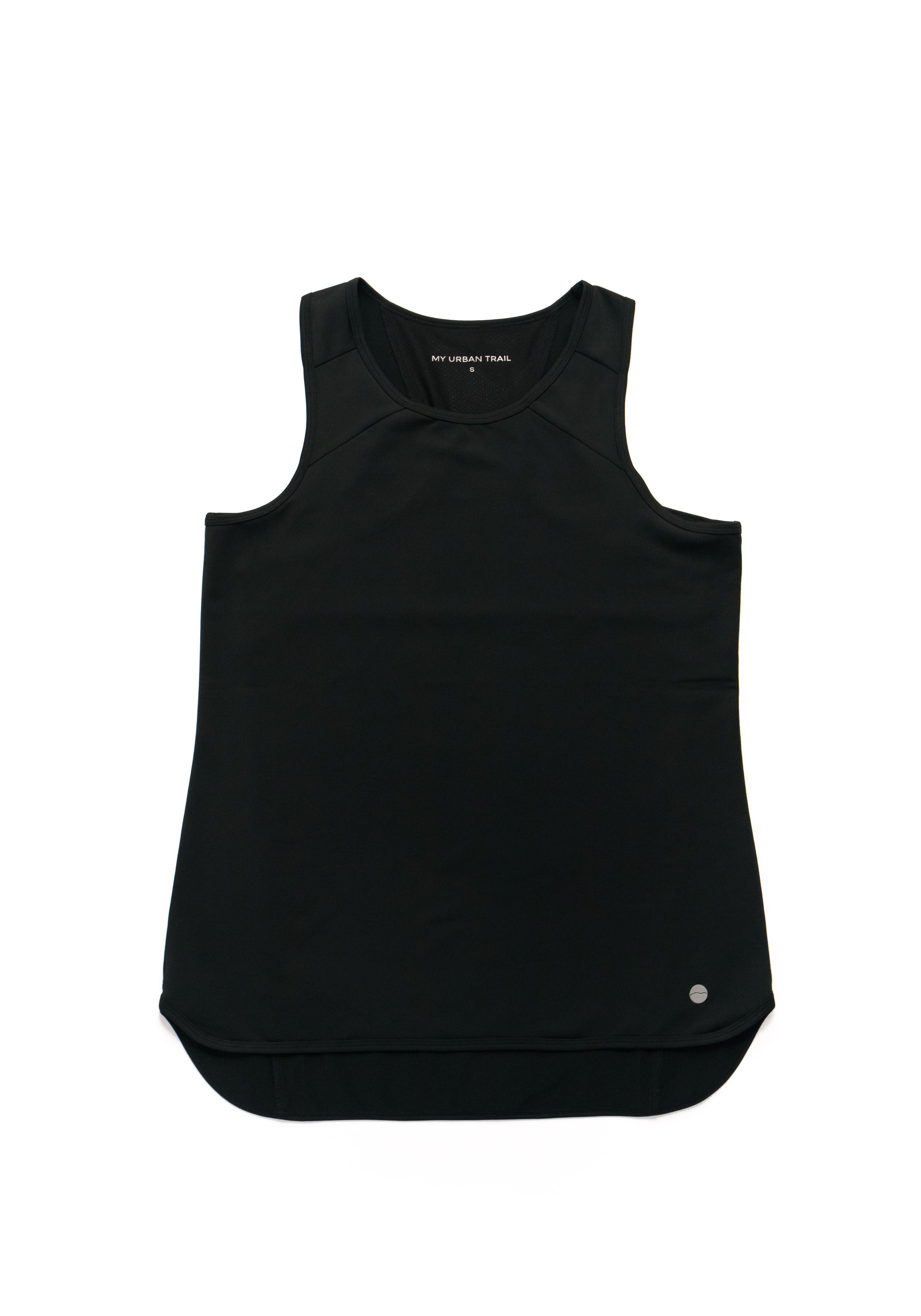 Black sleeveless sports top on a white background