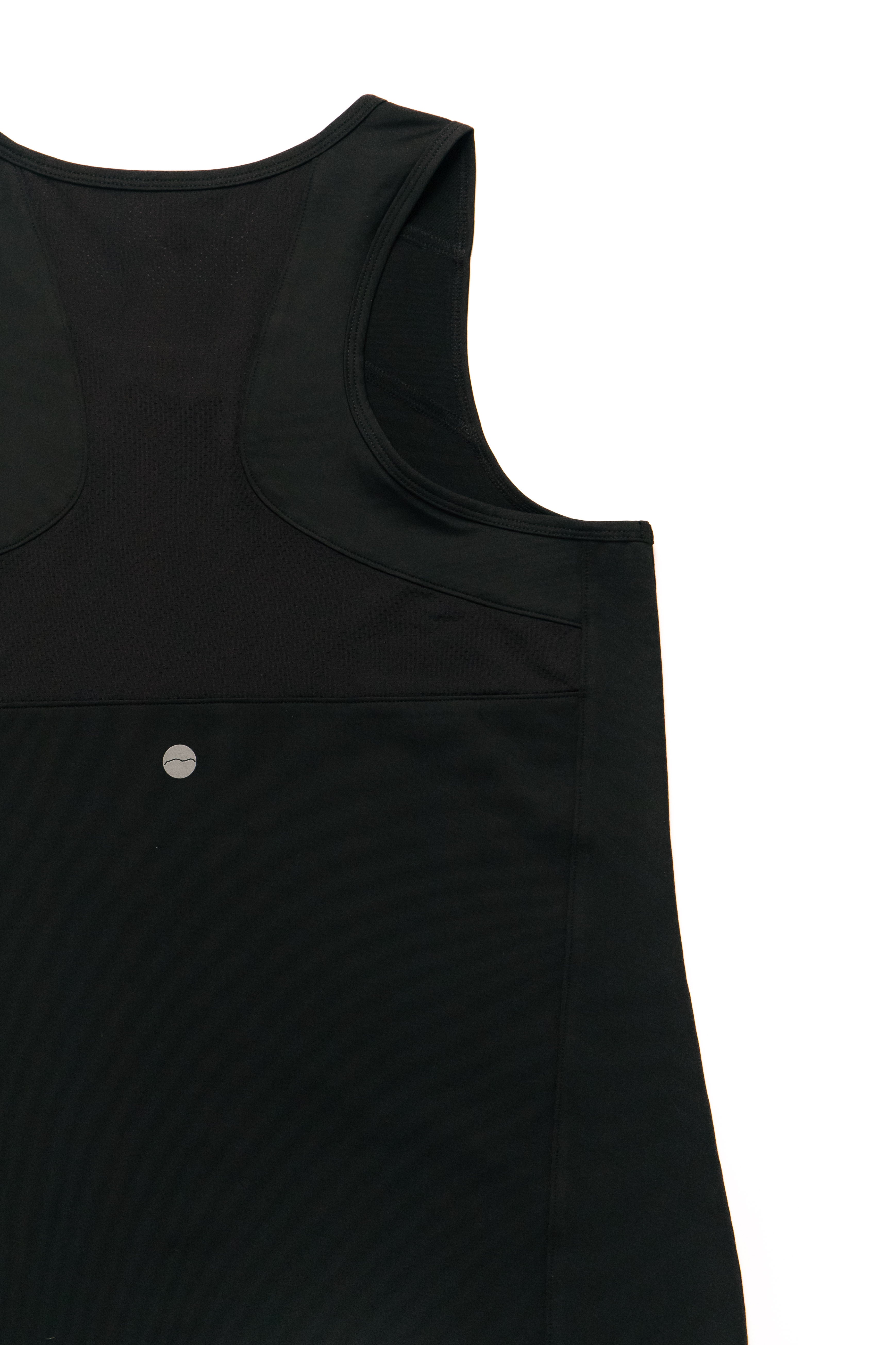 Black tank top with mesh racer back on a white background