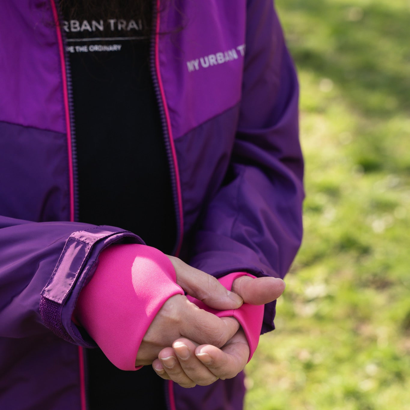 thumbhole detailing of waterproof jacket