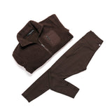 A dark brown fleece quarter-zip pullover jacket and matching dark brown pants laid flat on a white background.