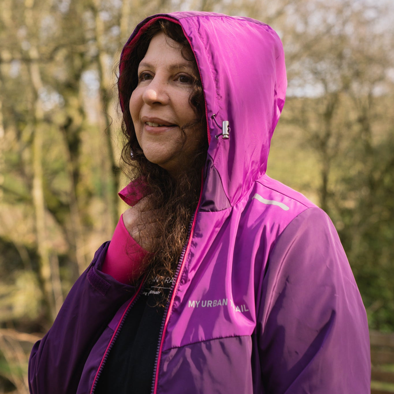 purple waterproof with hood up