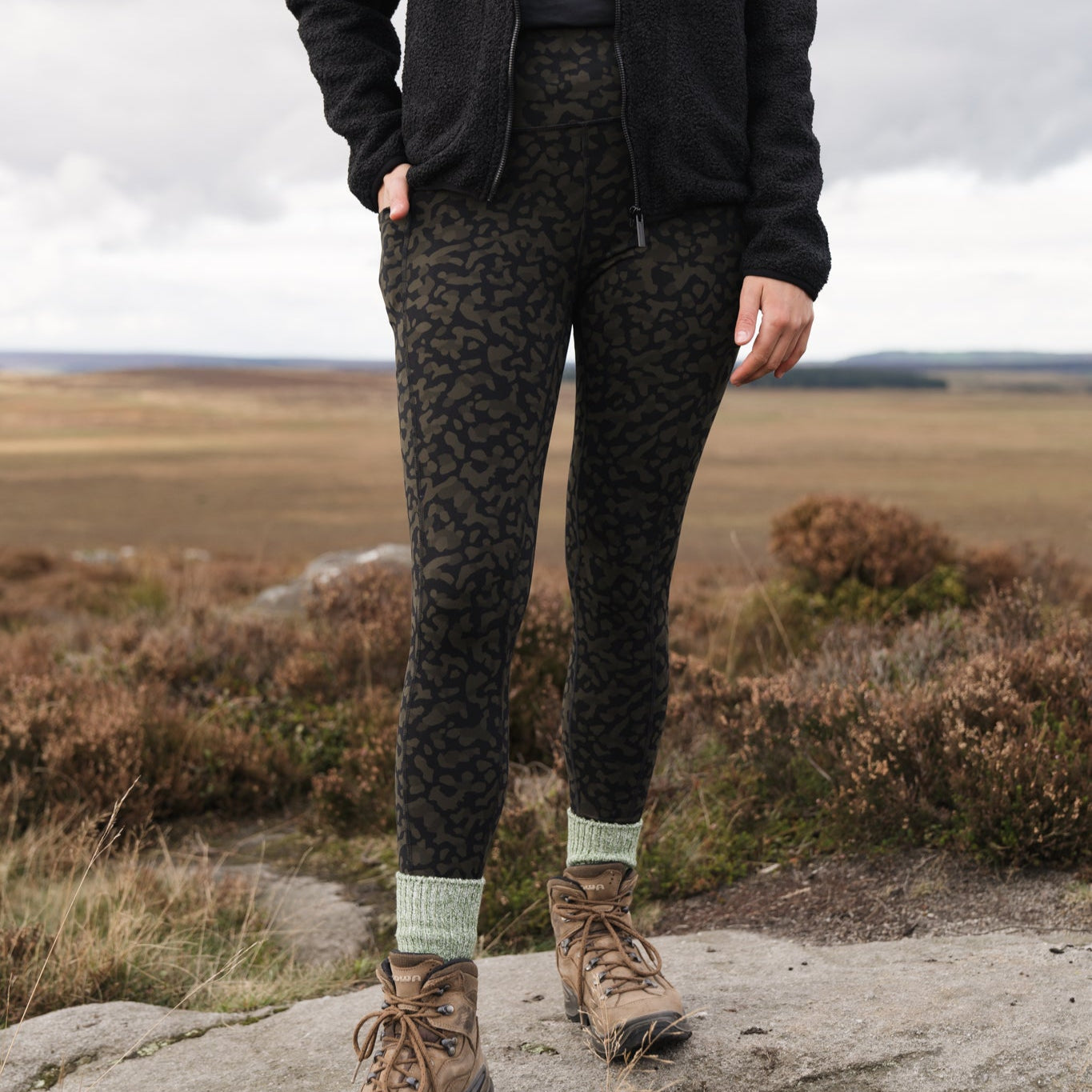 khaki print leggings with matching socks
