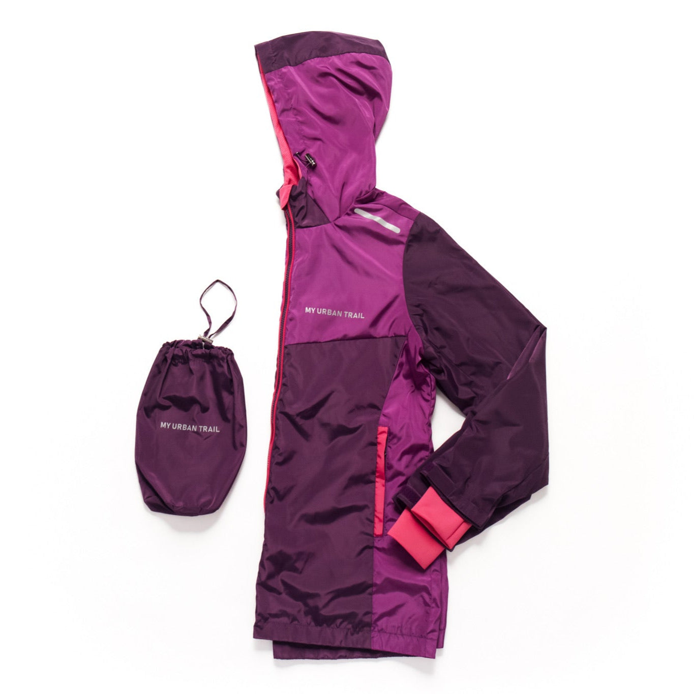 purple waterproof in packable bag on white background