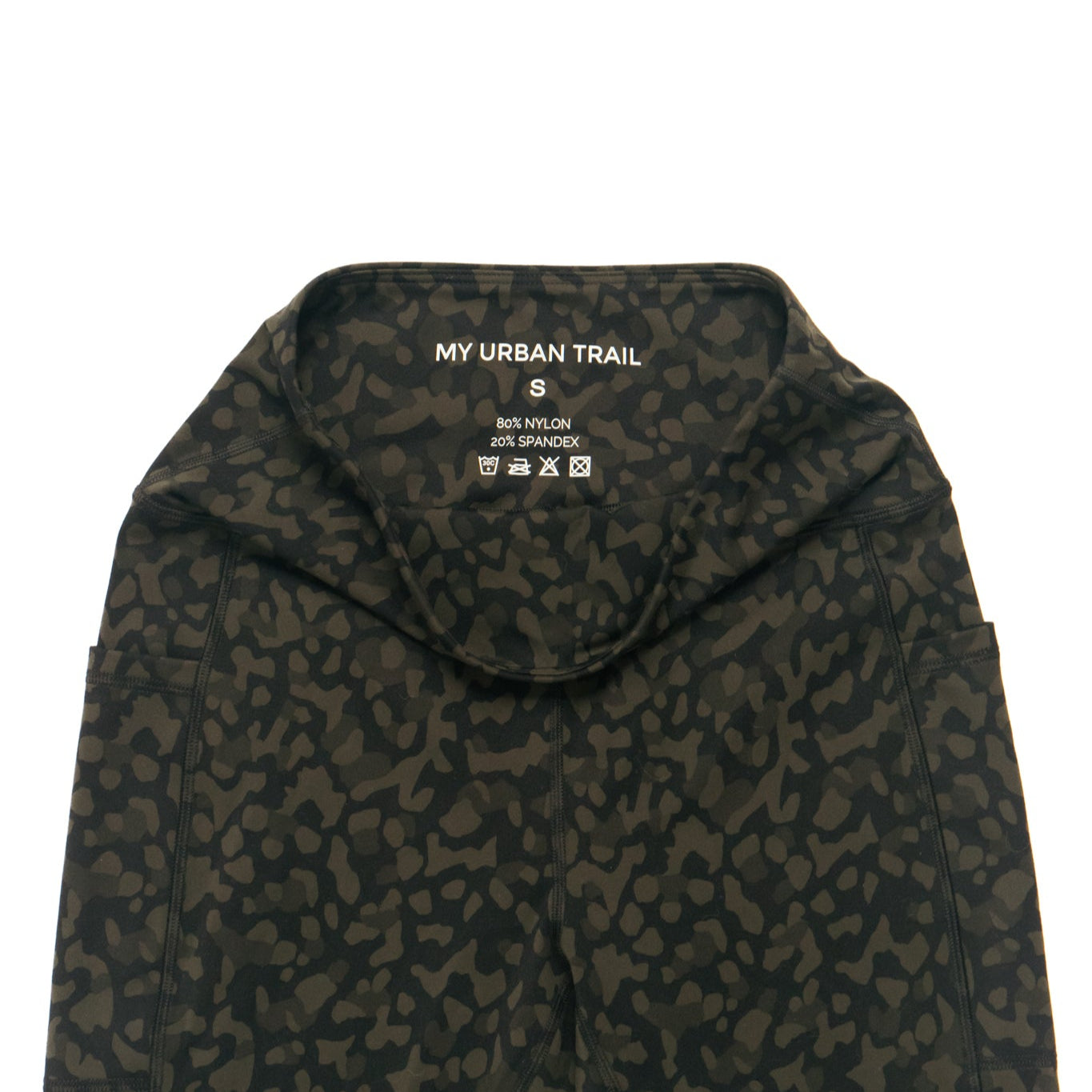 khaki print leggings showing labelling