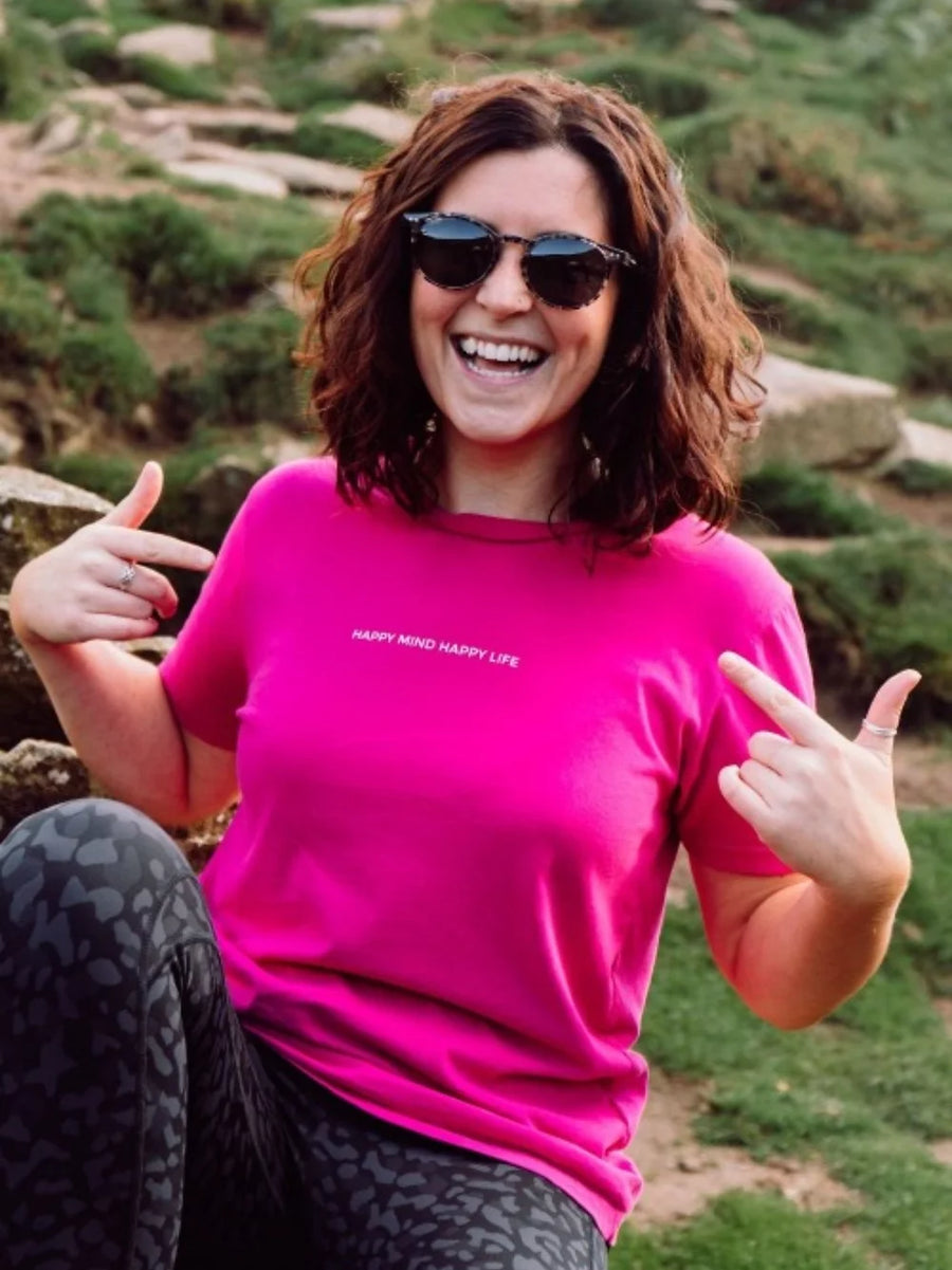 HAPPY MIND HAPPY LIFE Fuchsia Slogan Classic T-shirt